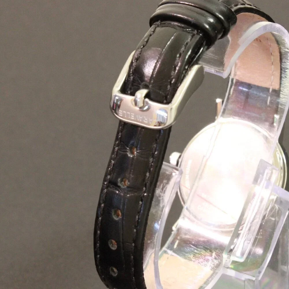 Caravelle Ladies Quartz Dress Watch By Bulova Black Textured Dial, Strap 28mm